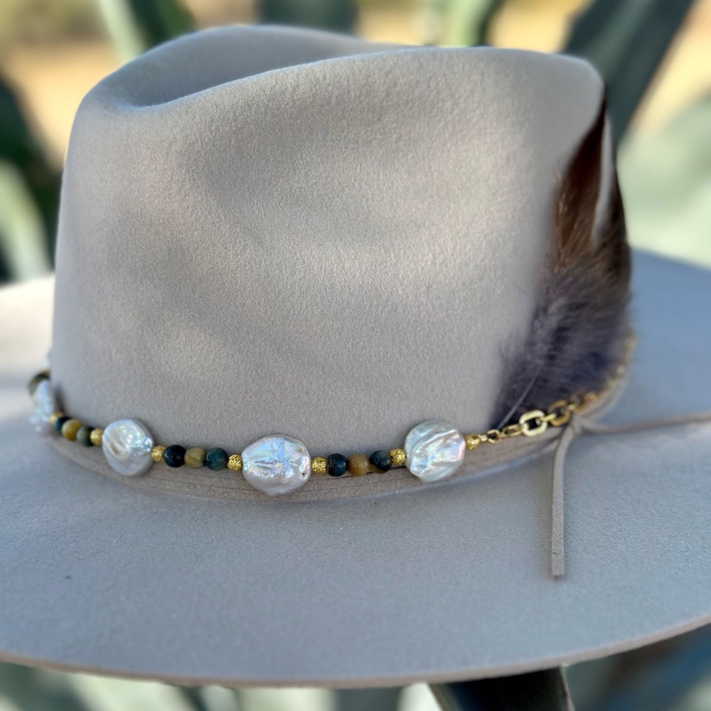 Freshwater Pearl and Tigers Eye Hat Band - Picture 8 of 10